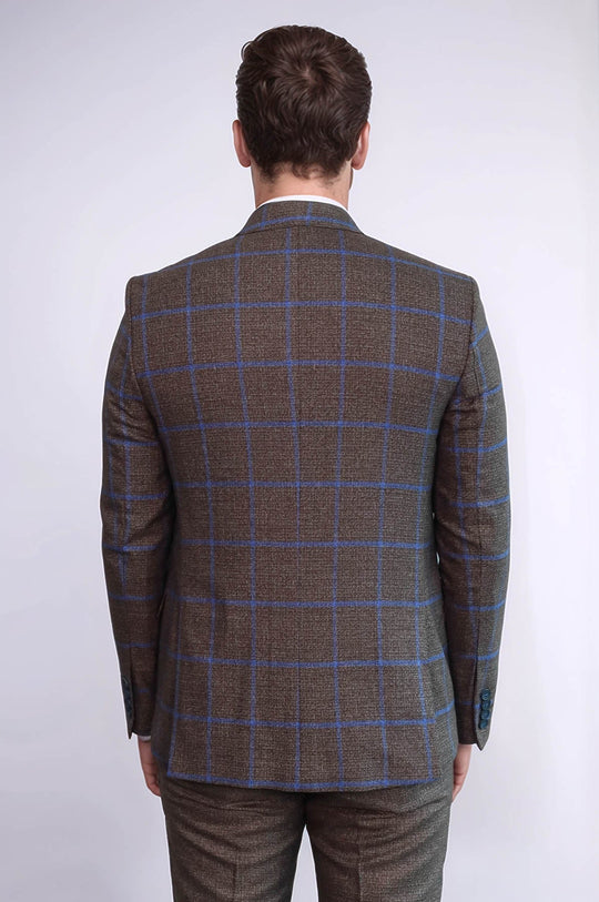 Men's Rustic Brown & Blue Windowpane Check 3-Piece Slim Fit Combination Suit