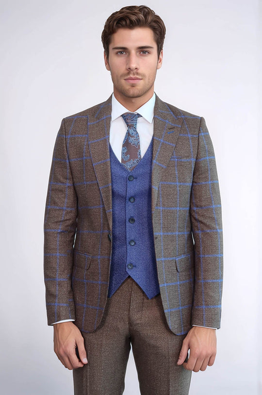 Men's Rustic Brown & Blue Windowpane Check 3-Piece Slim Fit Combination Suit