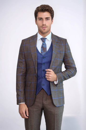 Men's Rustic Brown & Blue Windowpane Check 3-Piece Slim Fit Combination Suit