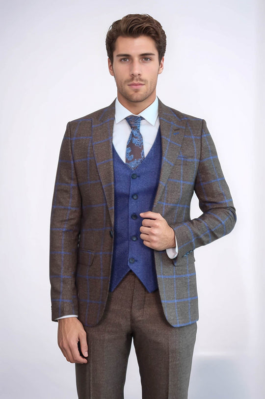 Men's Rustic Brown & Blue Windowpane Check 3-Piece Slim Fit Combination Suit