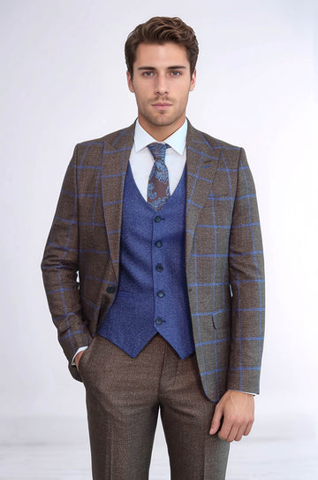 Men's Rustic Brown & Blue Windowpane Check 3-Piece Slim Fit Combination Suit