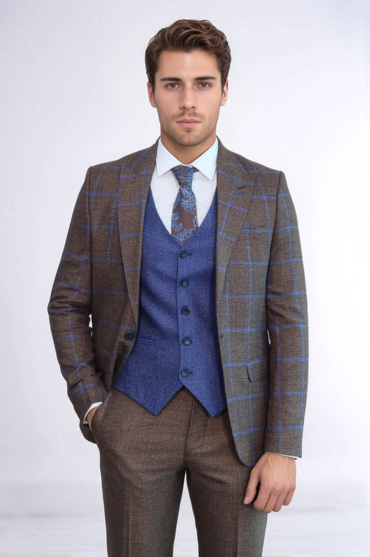 Men's Rustic Brown & Blue Windowpane Check 3-Piece Slim Fit Combination Suit
