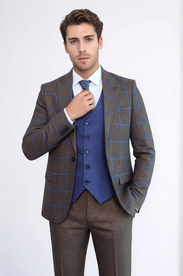 Men's Rustic Brown & Blue Windowpane Check 3-Piece Slim Fit Combination Suit