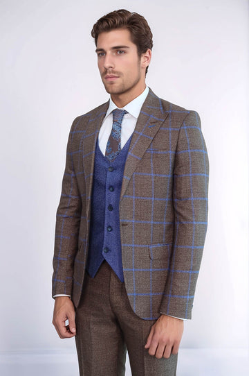Men's Rustic Brown & Blue Windowpane Check 3-Piece Slim Fit Combination Suit