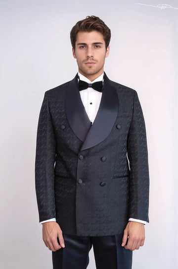 Men's Black Patterned Double-Breasted Tuxedo with Satin Shawl Collar
