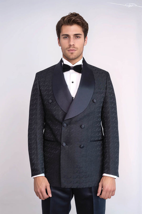 Men's Black Patterned Double-Breasted Tuxedo with Satin Shawl Collar