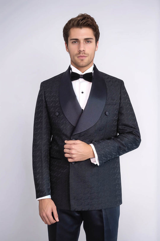 Men's Black Patterned Double-Breasted Tuxedo with Satin Shawl Collar