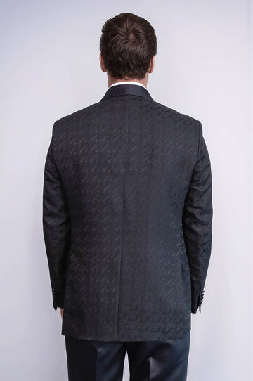 Men's Black Patterned Double-Breasted Tuxedo with Satin Shawl Collar