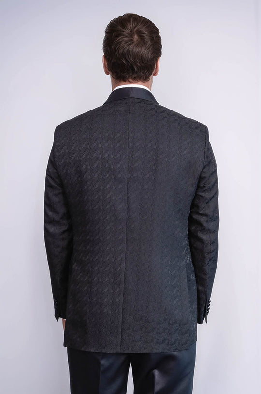 Men's Black Patterned Double-Breasted Tuxedo with Satin Shawl Collar