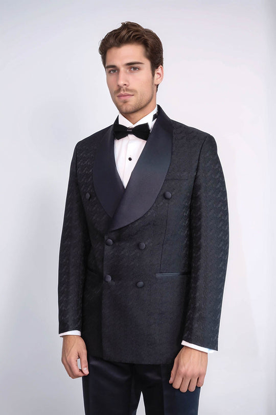 Men's Black Patterned Double-Breasted Tuxedo with Satin Shawl Collar
