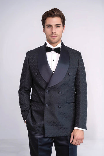 Men's Black Patterned Double-Breasted Tuxedo with Satin Shawl Collar