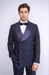 Men's Navy Blue Patterned Double-Breasted Tuxedo with Satin Shawl Collar