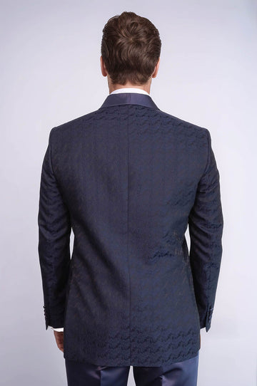 Men's Navy Blue Patterned Double-Breasted Tuxedo with Satin Shawl Collar