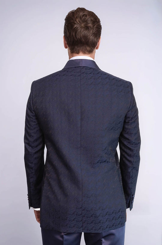 Men's Navy Blue Patterned Double-Breasted Tuxedo with Satin Shawl Collar