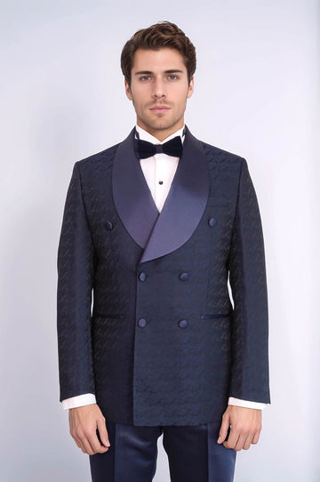 Men's Navy Blue Patterned Double-Breasted Tuxedo with Satin Shawl Collar