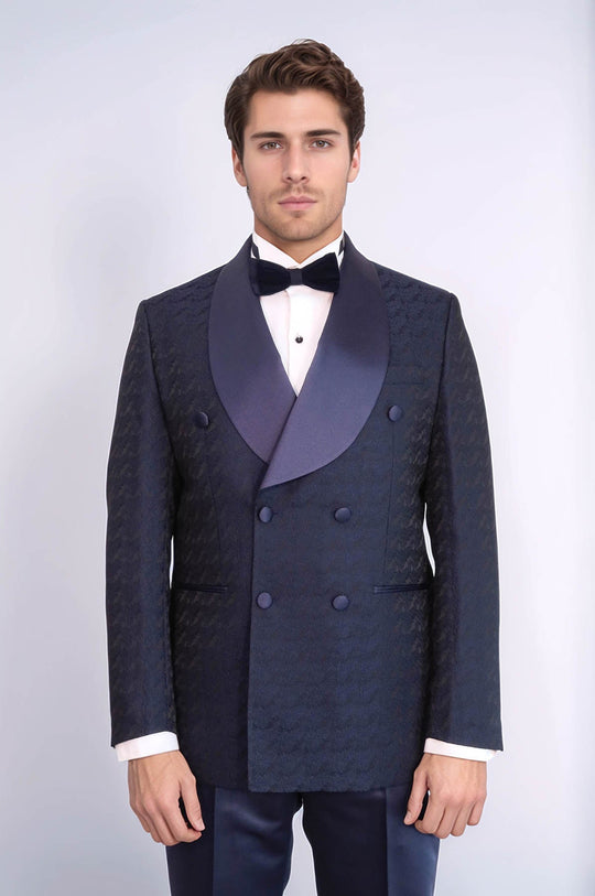 Men's Navy Blue Patterned Double-Breasted Tuxedo with Satin Shawl Collar