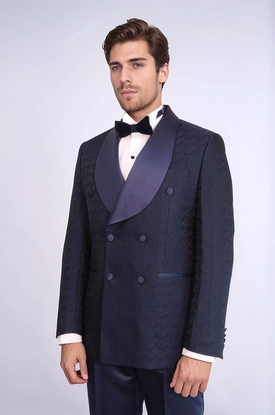 Men's Navy Blue Patterned Double-Breasted Tuxedo with Satin Shawl Collar