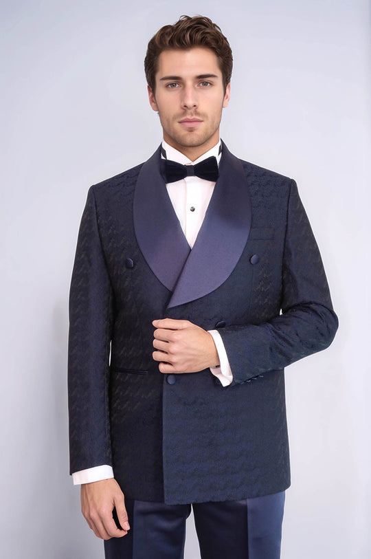 Men's Navy Blue Patterned Double-Breasted Tuxedo with Satin Shawl Collar