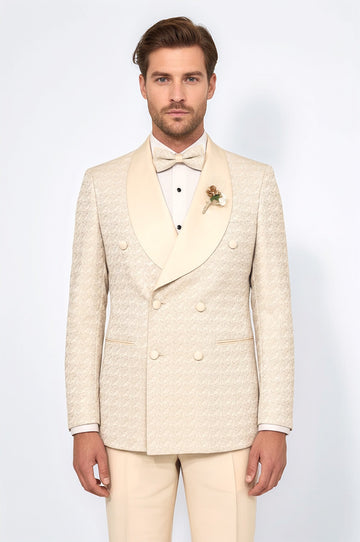 Men's Champagne Patterned Double-Breasted Tuxedo with Satin Shawl Collar