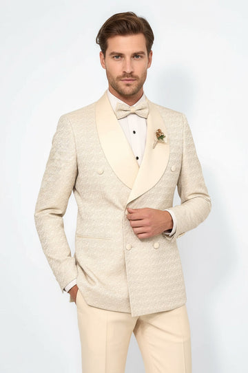 Men's Champagne Patterned Double-Breasted Tuxedo with Satin Shawl Collar