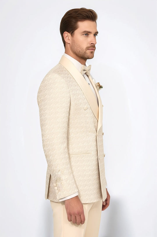 Men's Champagne Patterned Double-Breasted Tuxedo with Satin Shawl Collar