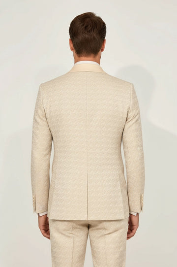 Men's Champagne Patterned Double-Breasted Tuxedo with Satin Shawl Collar