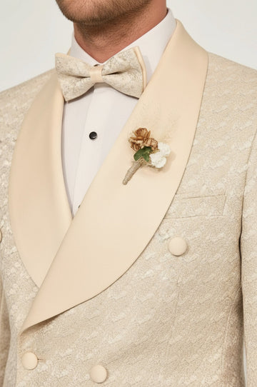 Men's Champagne Patterned Double-Breasted Tuxedo with Satin Shawl Collar