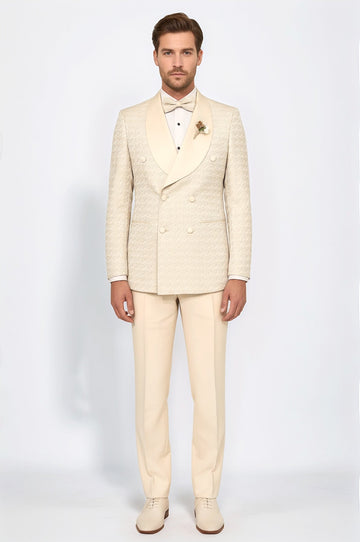 Men's Champagne Patterned Double-Breasted Tuxedo with Satin Shawl Collar