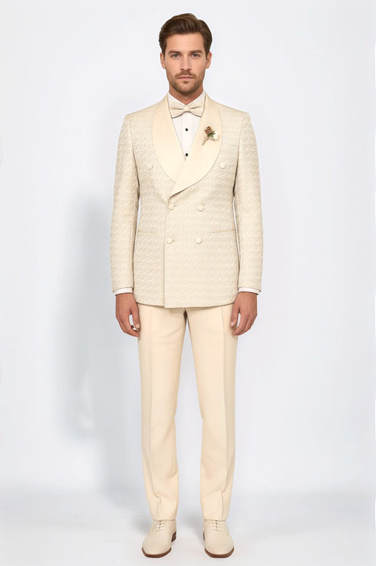 Men's Champagne Patterned Double-Breasted Tuxedo with Satin Shawl Collar