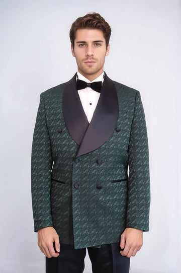 Men's Dark Green Patterned Double-Breasted Tuxedo with Satin Shawl Collar