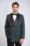 Men's Dark Green Patterned Double-Breasted Tuxedo with Satin Shawl Collar