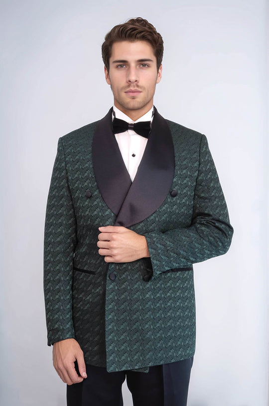 Men's Dark Green Patterned Double-Breasted Tuxedo with Satin Shawl Collar