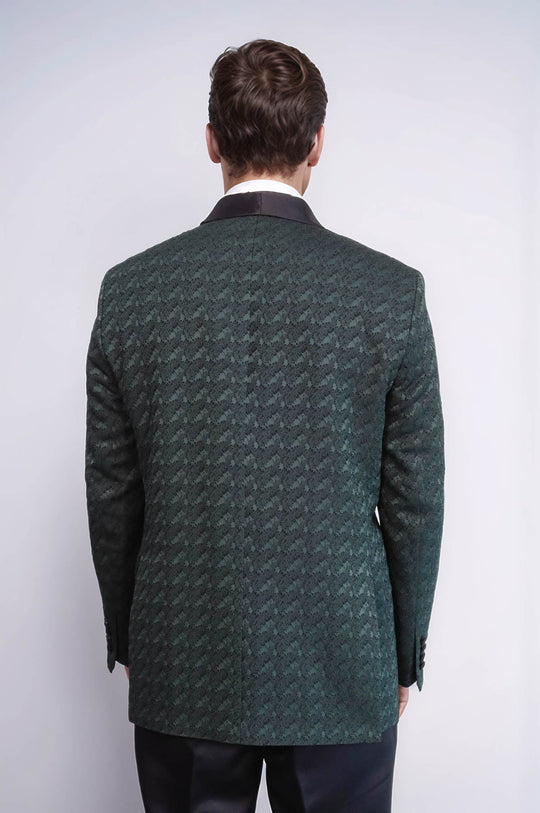 Men's Dark Green Patterned Double-Breasted Tuxedo with Satin Shawl Collar
