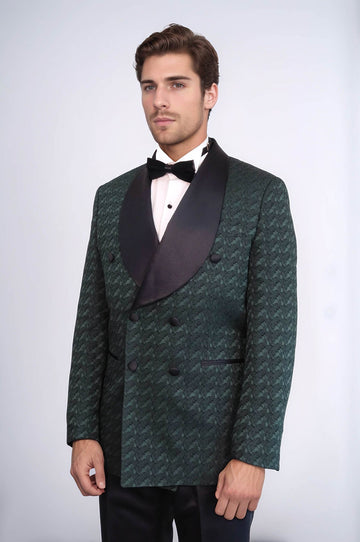 Men's Dark Green Patterned Double-Breasted Tuxedo with Satin Shawl Collar