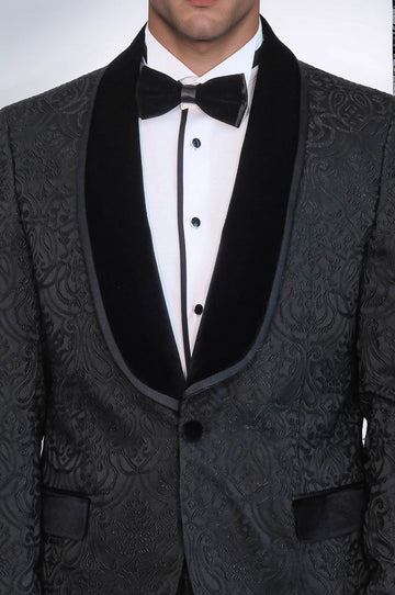 Men's Black Damask 2-Piece Tuxedo with Velvet Shawl Collar