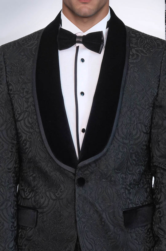 Men's Black Damask 2-Piece Tuxedo with Velvet Shawl Collar
