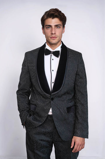 Men's Black Damask 2-Piece Tuxedo with Velvet Shawl Collar