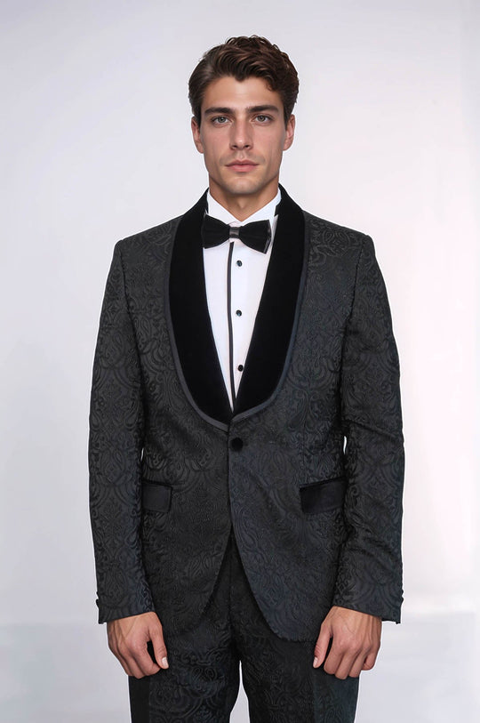 Men's Black Damask 2-Piece Tuxedo with Velvet Shawl Collar