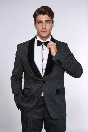 Men's Black Damask 2-Piece Tuxedo with Velvet Shawl Collar