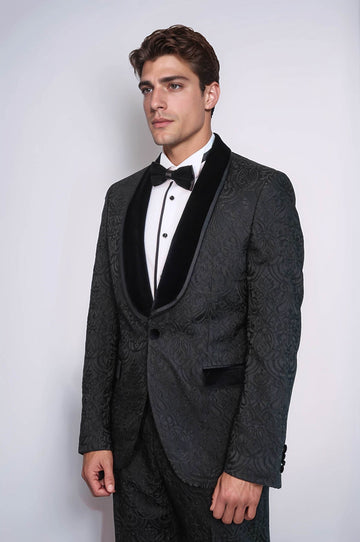 Men's Black Damask 2-Piece Tuxedo with Velvet Shawl Collar