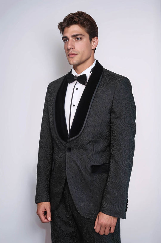 Men's Black Damask 2-Piece Tuxedo with Velvet Shawl Collar