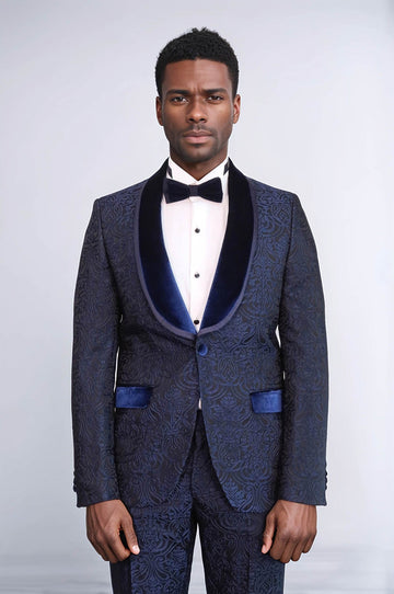 Men's Royal Blue Damask 2-Piece Tuxedo with Velvet Shawl Collar