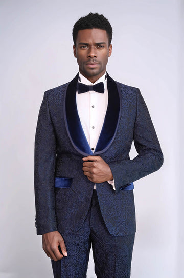 Men's Royal Blue Damask 2-Piece Tuxedo with Velvet Shawl Collar