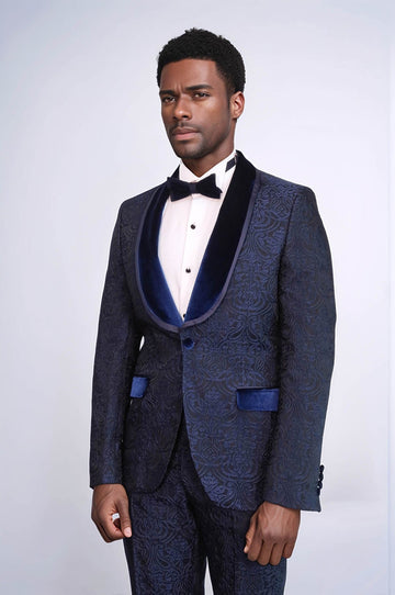 Men's Royal Blue Damask 2-Piece Tuxedo with Velvet Shawl Collar