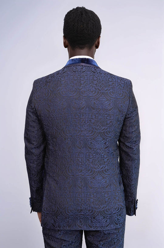 Men's Royal Blue Damask 2-Piece Tuxedo with Velvet Shawl Collar