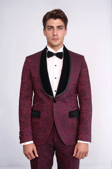 Men's Burgundy Damask 2-Piece Tuxedo with Black Velvet Shawl Collar