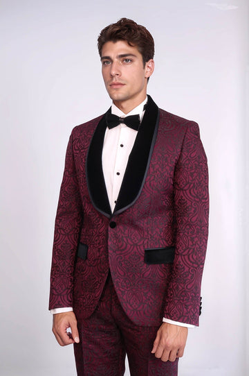 Men's Burgundy Damask 2-Piece Tuxedo with Black Velvet Shawl Collar