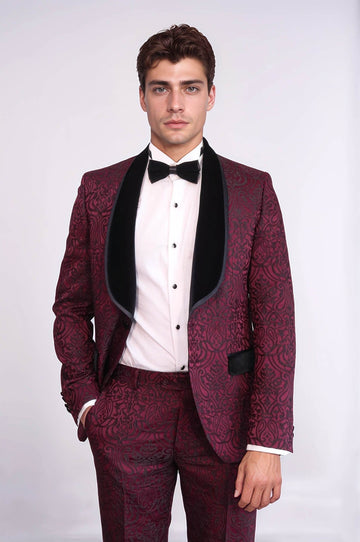 Men's Burgundy Damask 2-Piece Tuxedo with Black Velvet Shawl Collar