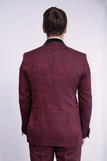 Men's Burgundy Damask 2-Piece Tuxedo with Black Velvet Shawl Collar