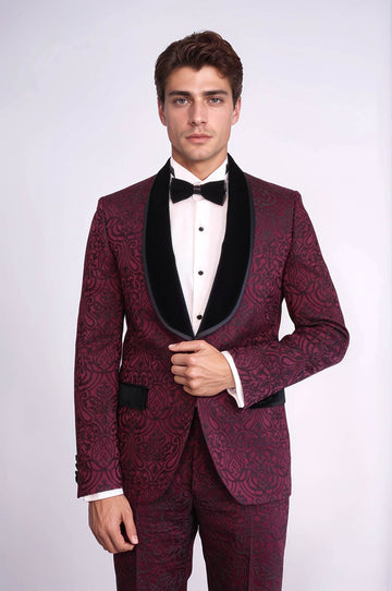 Men's Burgundy Damask 2-Piece Tuxedo with Black Velvet Shawl Collar